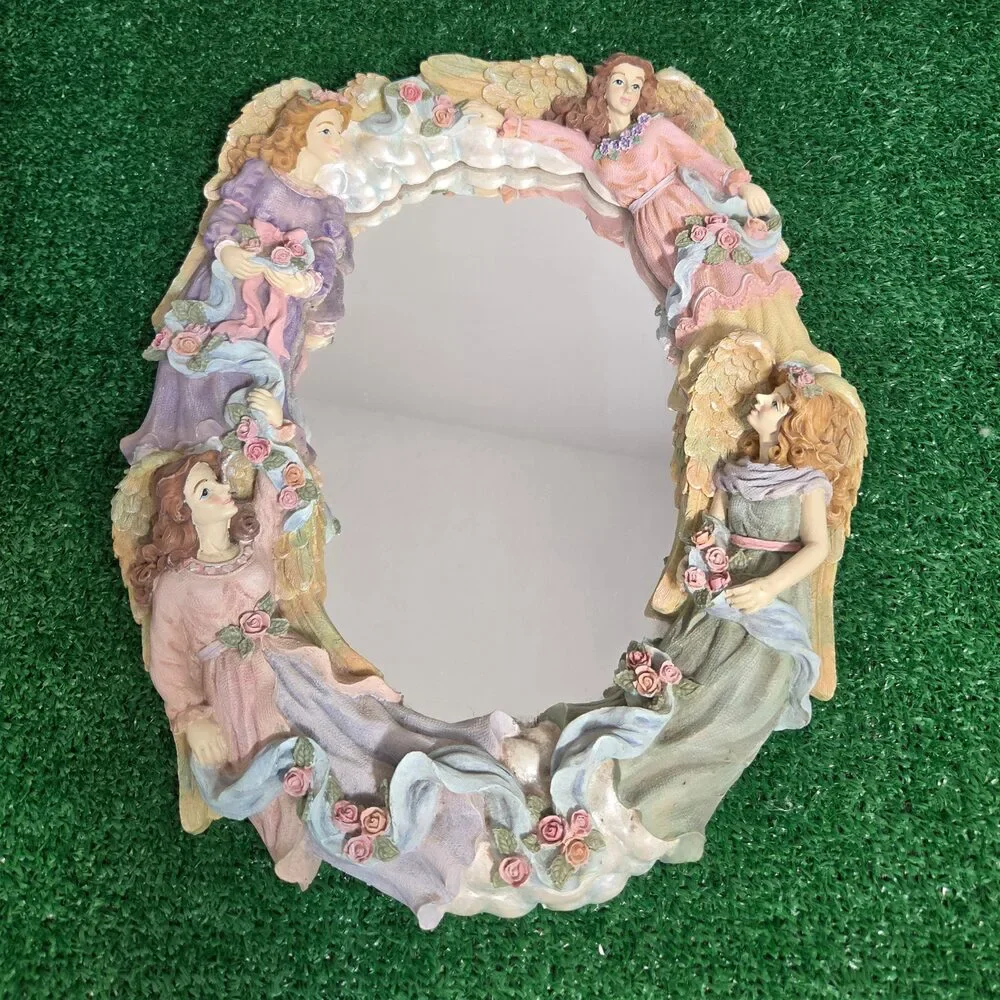 Vintage Jamy Inc. 3D Four Angels & Roses Oval Wall Mirror Shabby Chic Decor